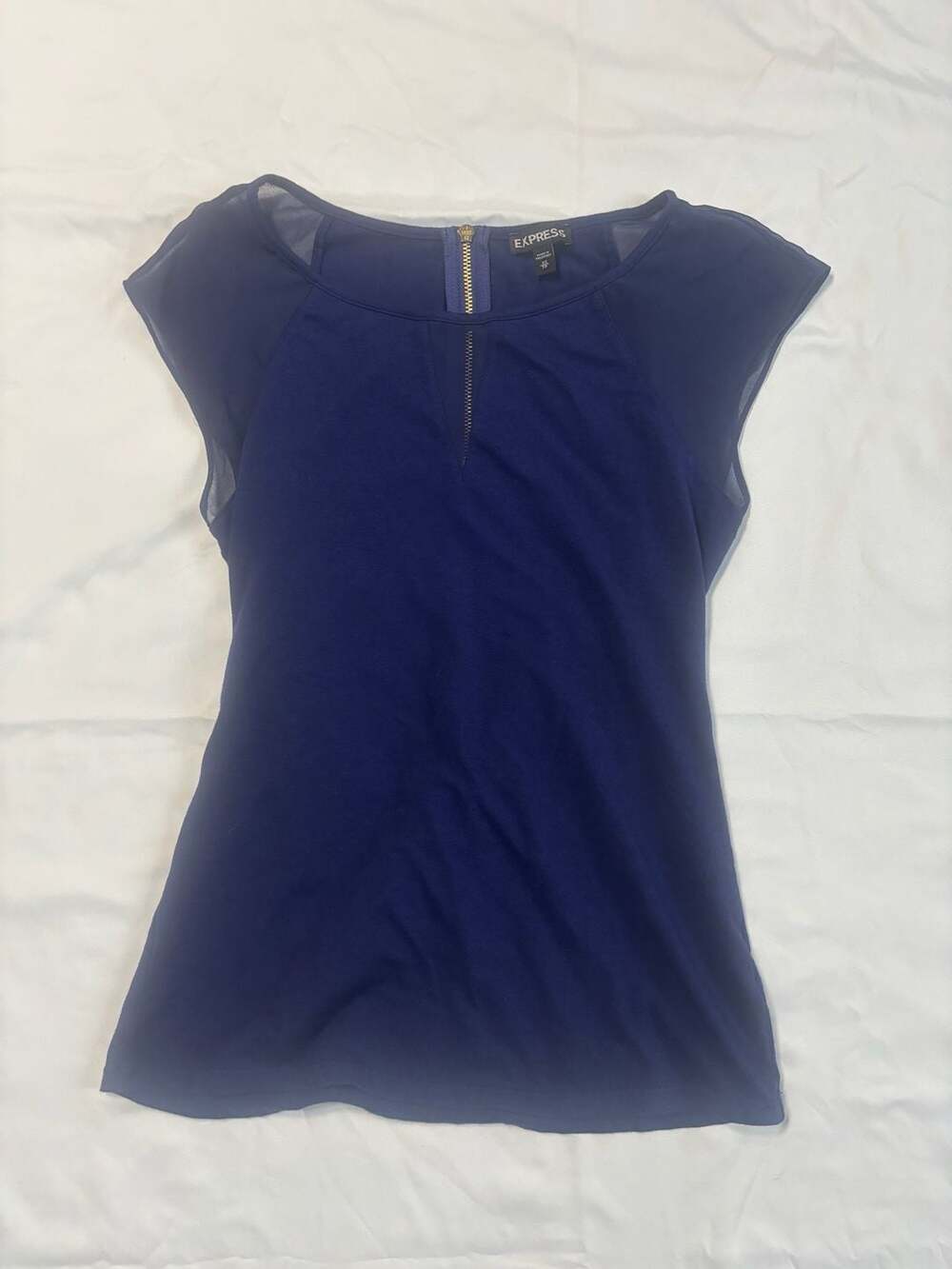 Express Women's Royal Blue Cap Sleeve Blouse with Sheer Mesh Shoulders and Front